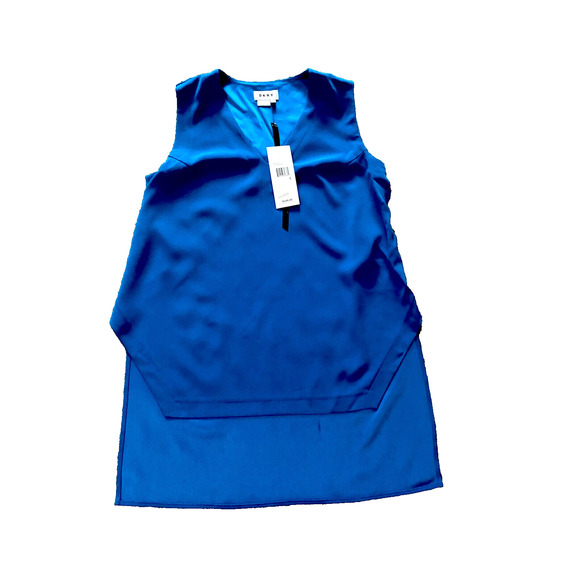 NWT~ $198~ DKNY Top Tunic Women V-neck‎ Sleeveless asymmetrical Cerulean Blue~S - Picture 3 of 4